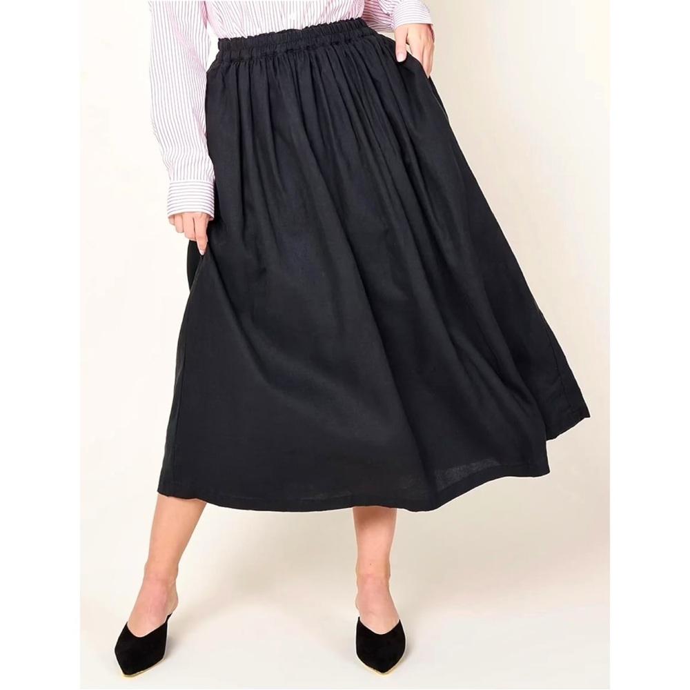 NWOT ICHI Color Linen Skirt - Black Linen Gathered Fully Lined Midi Maxi Skirt